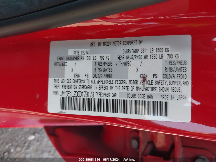 2014 Mazda Mazda2 Touring VIN: JM1DE1LZ0E0179179 Lot: 39651356