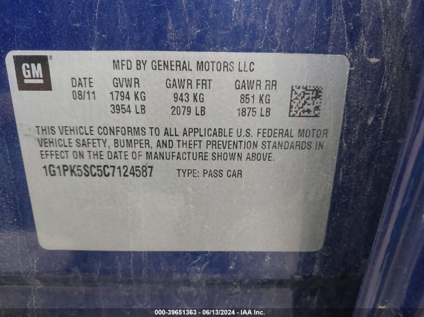 2012 Chevrolet Cruze Eco VIN: 1G1PK5SC5C7124587 Lot: 39651363