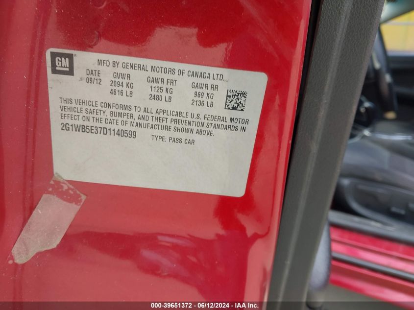 2013 Chevrolet Impala Lt VIN: 2G1WB5E37D1140599 Lot: 39651372