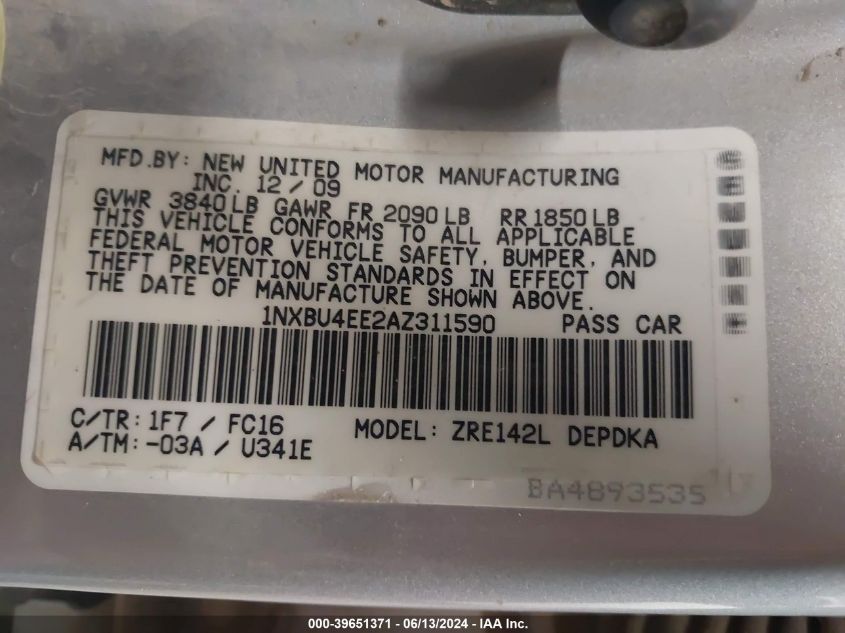 2010 Toyota Corolla Le VIN: 1NXBU4EE2AZ311590 Lot: 39651371