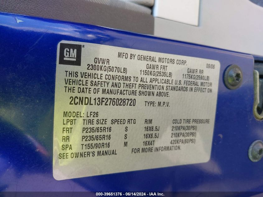 2007 Chevrolet Equinox Ls VIN: 2CNDL13F276028720 Lot: 39651376