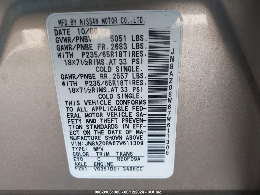 2007 Nissan Murano Sl VIN: JN8AZ08W67W611309 Lot: 39651380