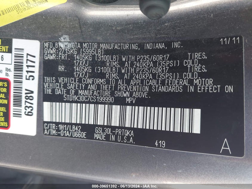 2012 Toyota Sienna Xle V6 8 Passenger VIN: 5TDYK3DC7CS199990 Lot: 39651392