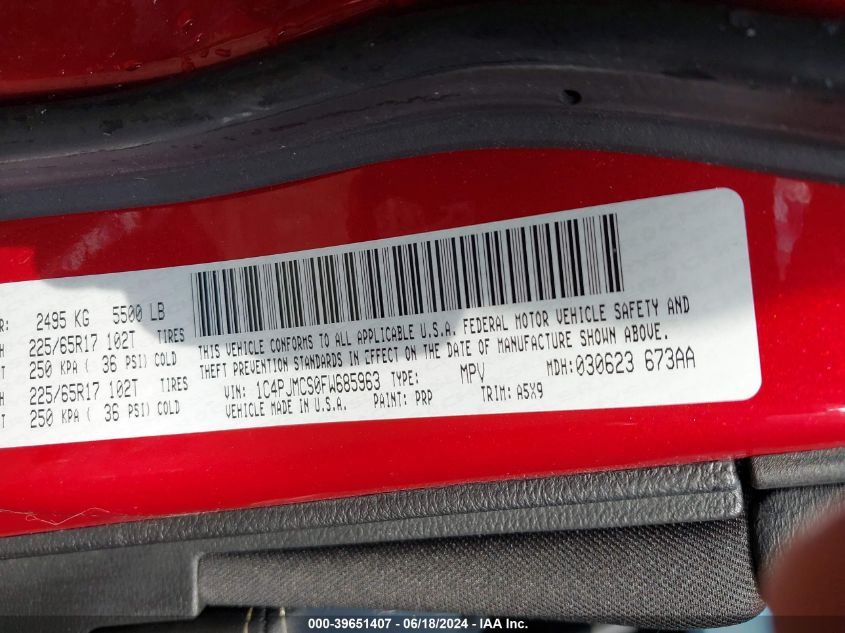 2015 Jeep Cherokee Latitude VIN: 1C4PJMCS0FW685963 Lot: 39651407