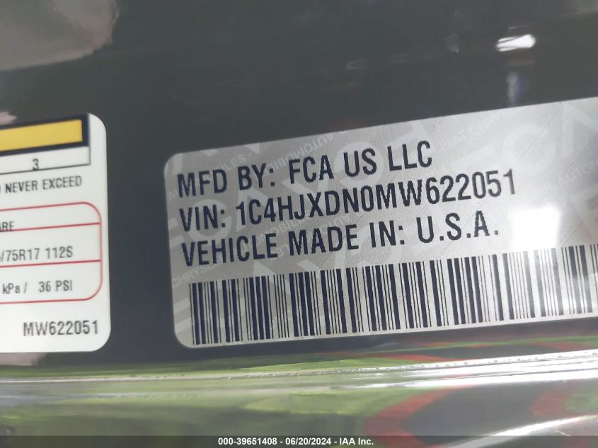 2021 Jeep Wrangler Unlimited Sport VIN: 1C4HJXDN0MW622051 Lot: 39651408