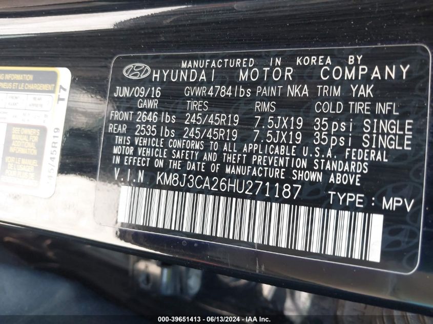 2017 Hyundai Tucson Limited VIN: KM8J3CA26HU271187 Lot: 39651413