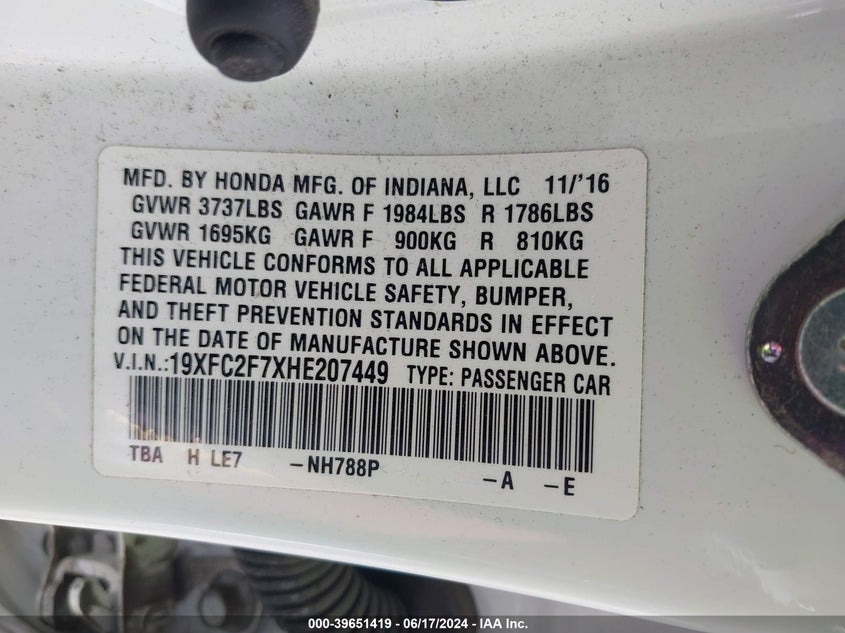 VIN 19XFC2F7XHE207449 2017 HONDA CIVIC EX