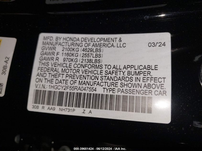 2024 Honda Accord Hybrid Sport VIN: 1HGCY2F55RA047554 Lot: 39651424