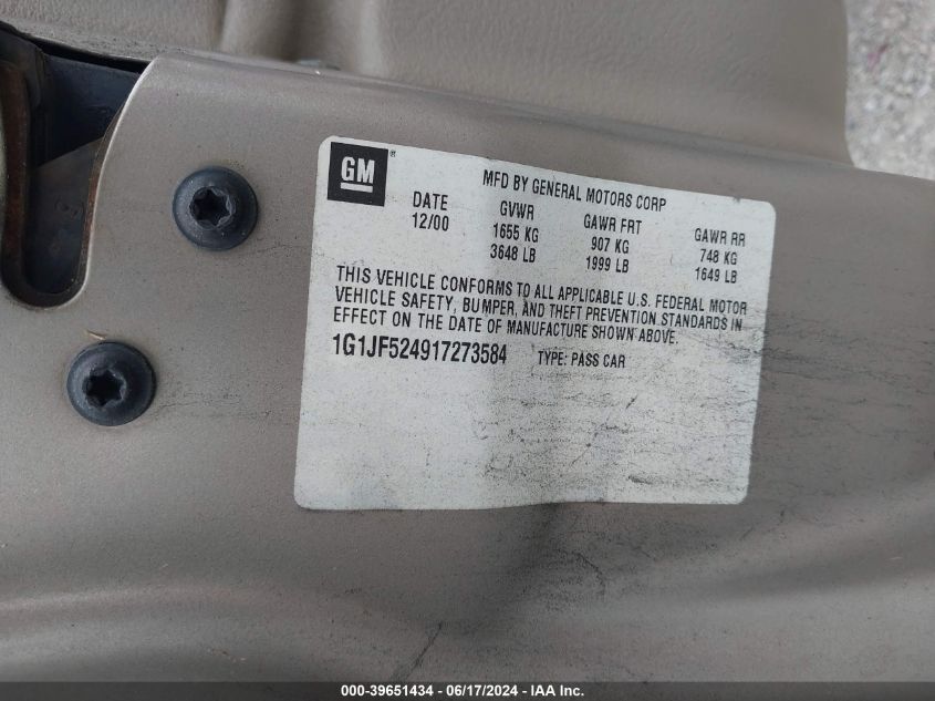 2001 Chevrolet Cavalier Ls VIN: 1G1JF524917273584 Lot: 39651434