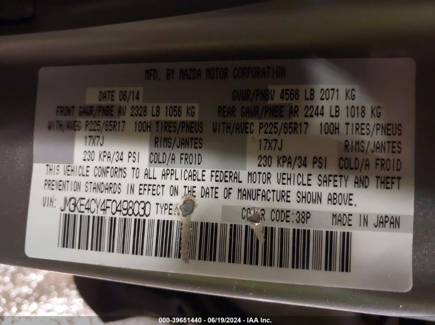 2015 Mazda Cx-5 Touring VIN: JM3KE4CY4F0498030 Lot: 39651440