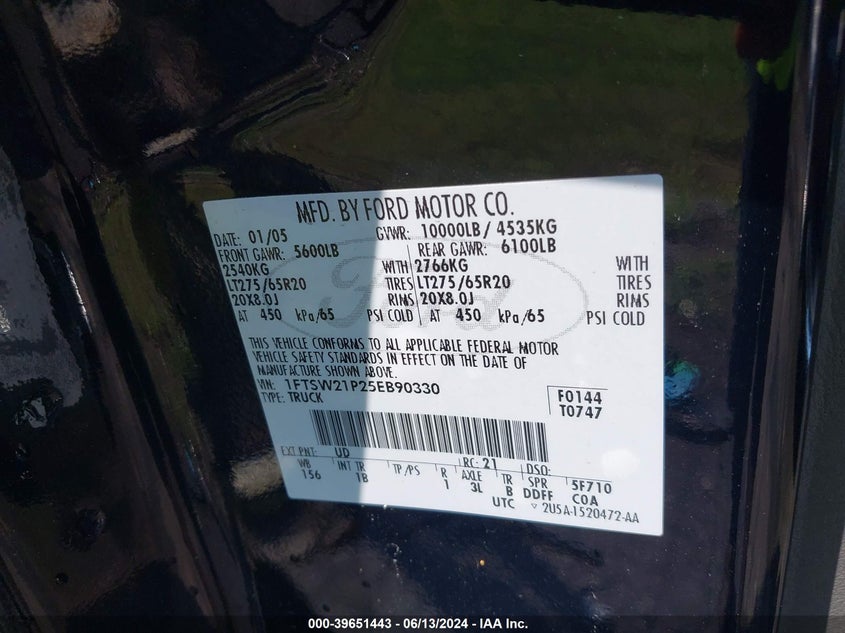 2005 Ford F-250 Lariat/Xl/Xlt VIN: 1FTSW21P25EB90330 Lot: 39651443