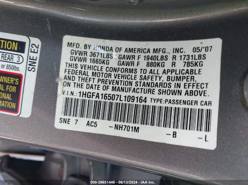 2007 Honda Civic Lx VIN: 1HGFA16507L109164 Lot: 39651446