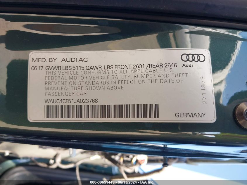 2018 Audi S5 3.0T Premium Plus VIN: WAUC4CF51JA023768 Lot: 39651449
