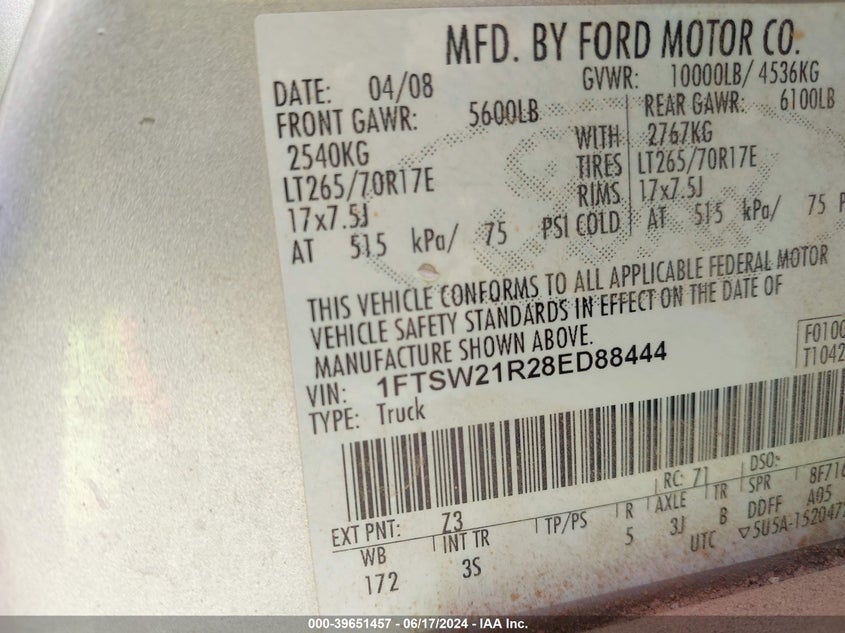 2008 Ford F-250 Xlt VIN: 1FTSW21R28ED88444 Lot: 39651457