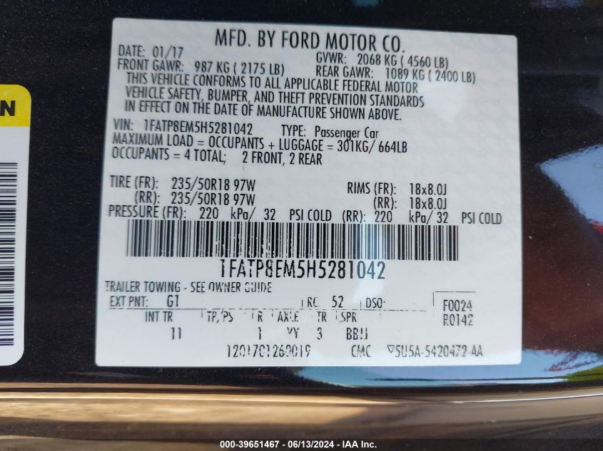 2017 Ford Mustang V6 VIN: 1FATP8EM5H5281042 Lot: 39651467