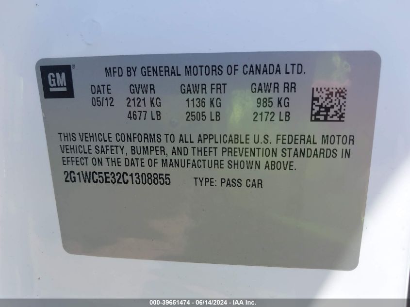 2012 Chevrolet Impala Ltz VIN: 2G1WC5E32C1308855 Lot: 39651474