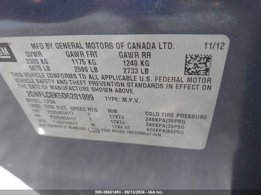 2013 Chevrolet Equinox Ls VIN: 2GNFLCEK5D6201099 Lot: 39651493