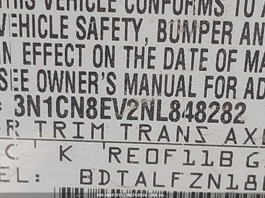 2022 Nissan Versa 1.6 Sv Xtronic Cvt VIN: 3N1CN8EV2NL848282 Lot: 39651511