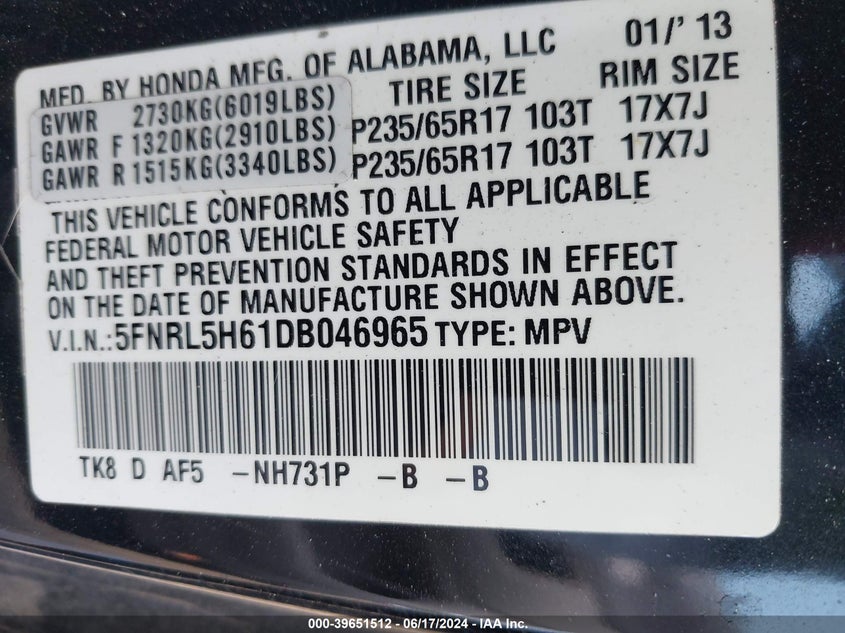 2013 Honda Odyssey Ex-L VIN: 5FNRL5H61DB046965 Lot: 39651512