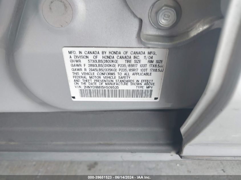 2005 Acura Mdx VIN: 2HNYD18815H509535 Lot: 39651523