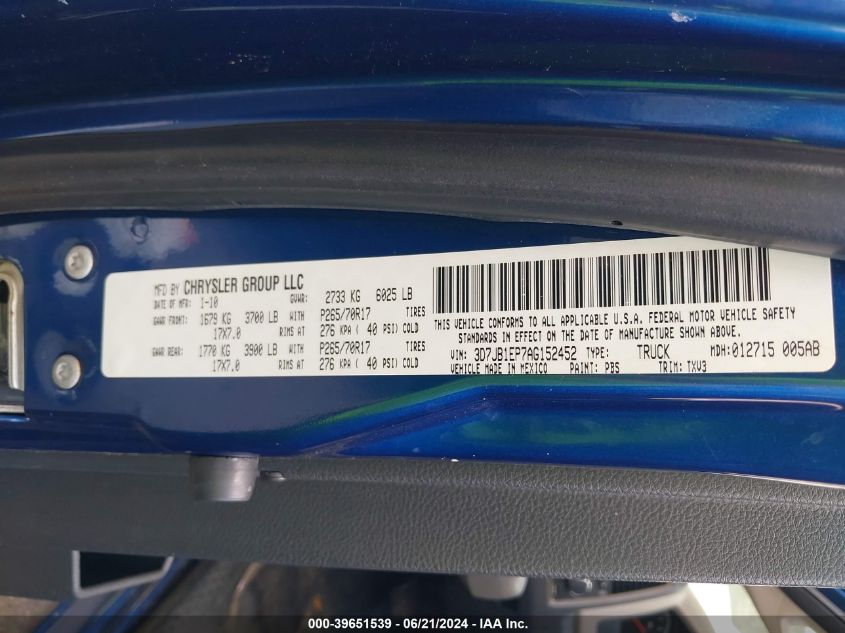 2010 Dodge Ram 1500 St VIN: 3D7JB1EP7AG152452 Lot: 39651539