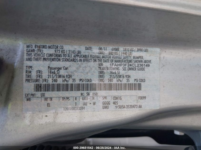 2012 Ford Focus Se VIN: 1FAHP3F24CL236149 Lot: 39651542