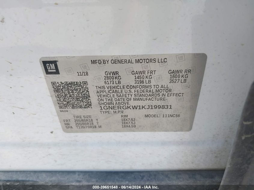 2019 Chevrolet Traverse 1Lt VIN: 1GNERGKW1KJ199831 Lot: 39651548