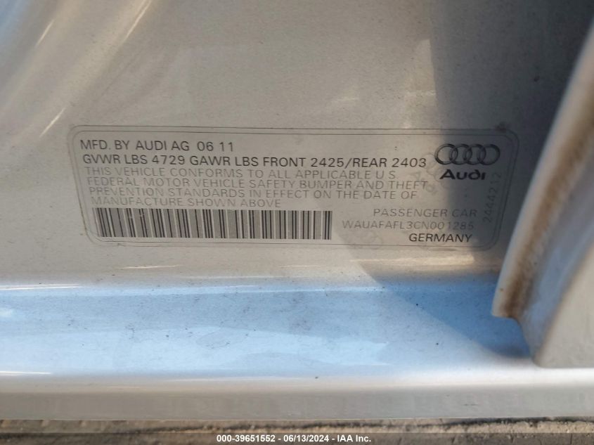 2012 Audi A4 2.0T Premium VIN: WAUAFAFL3CN001285 Lot: 39651552