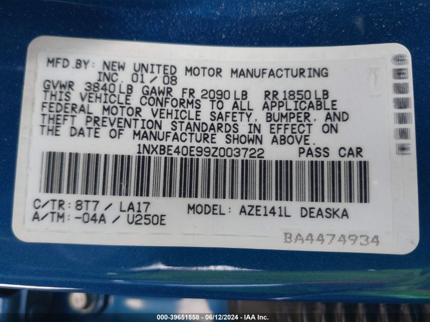 2009 Toyota Corolla Xrs VIN: 1NXBE40E99Z003722 Lot: 39651558