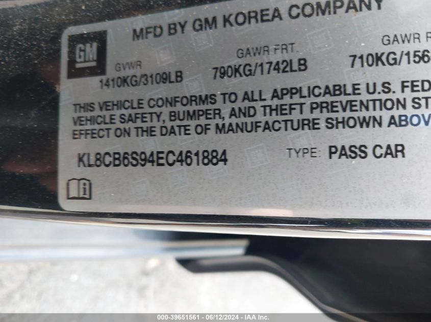 2014 Chevrolet Spark Ls Auto VIN: KL8CB6S94EC461884 Lot: 39651561