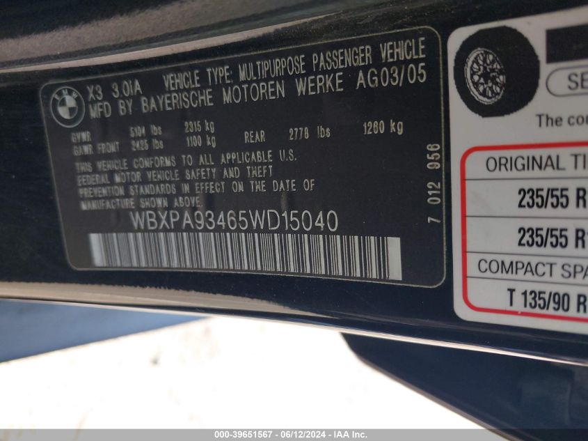 2005 BMW X3 3.0I VIN: WBXPA93465WD15040 Lot: 39651567