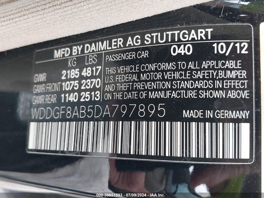 2013 Mercedes-Benz C 300 300 4Matic VIN: WDDGF8AB5DA797895 Lot: 39651593