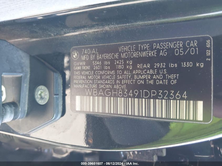 2001 BMW 740Il VIN: WBAGH83491DP32364 Lot: 39651607