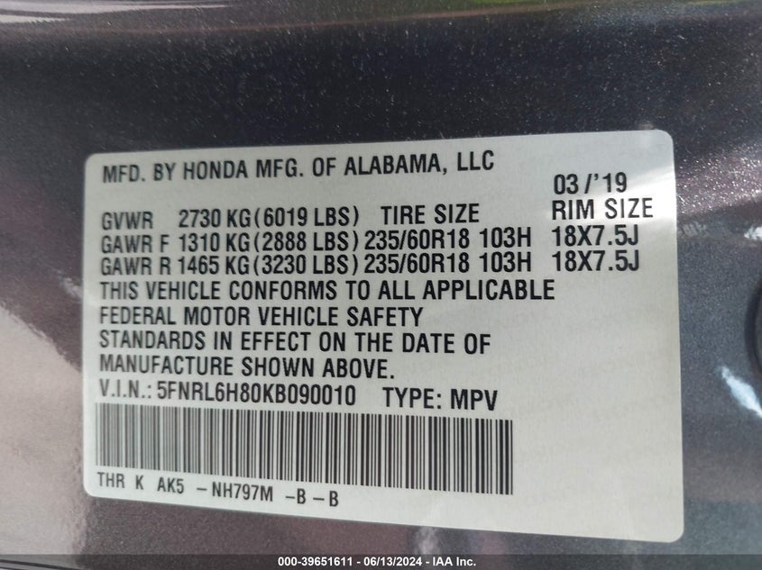 2019 Honda Odyssey Touring VIN: 5FNRL6H80KB090010 Lot: 39651611