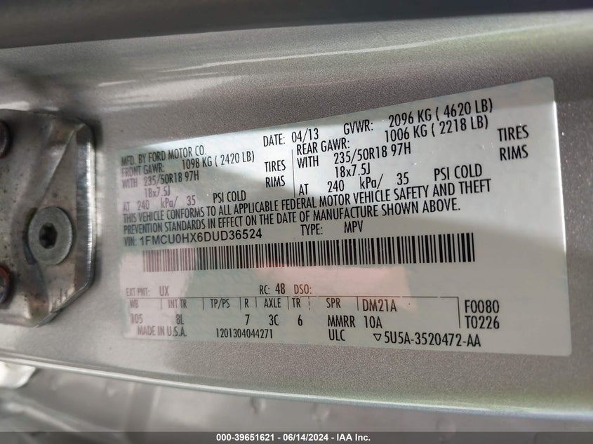 2013 Ford Escape Sel VIN: 1FMCU0HX6DUD36524 Lot: 39651621