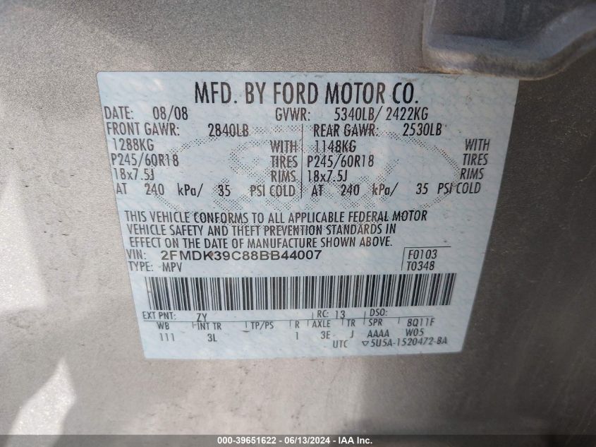 2008 Ford Edge Limited VIN: 2FMDK39C88BB44007 Lot: 39651622