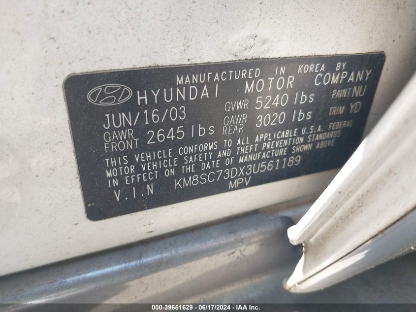 2003 Hyundai Santa Fe Gls/Lx VIN: KM8SC73DX3U561189 Lot: 39651629