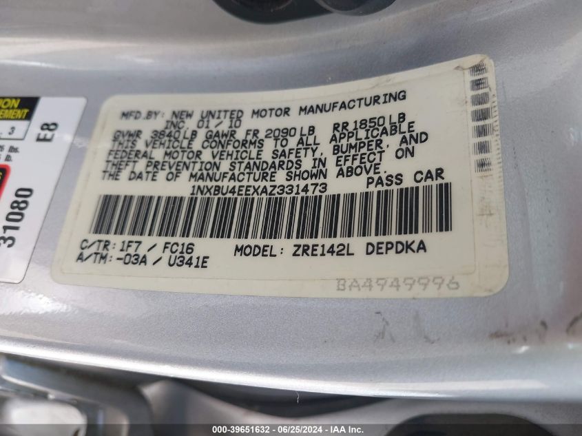 2010 Toyota Corolla Le VIN: 1NXBU4EEXAZ331473 Lot: 39651632