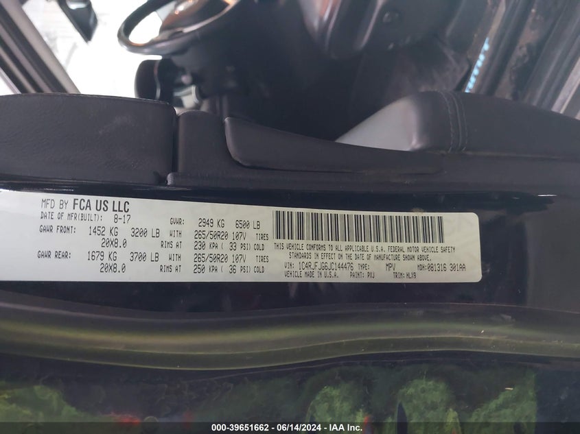 2018 Jeep Grand Cherokee Summit 4X4 VIN: 1C4RJFJG6JC144476 Lot: 39651662