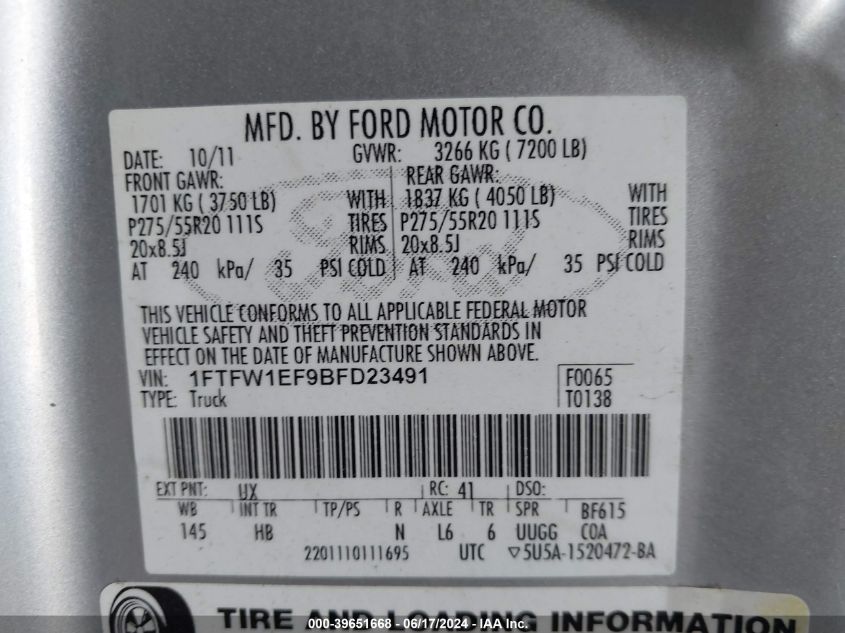 2011 Ford F-150 Lariat VIN: 1FTFW1EF9BFD23491 Lot: 39651668