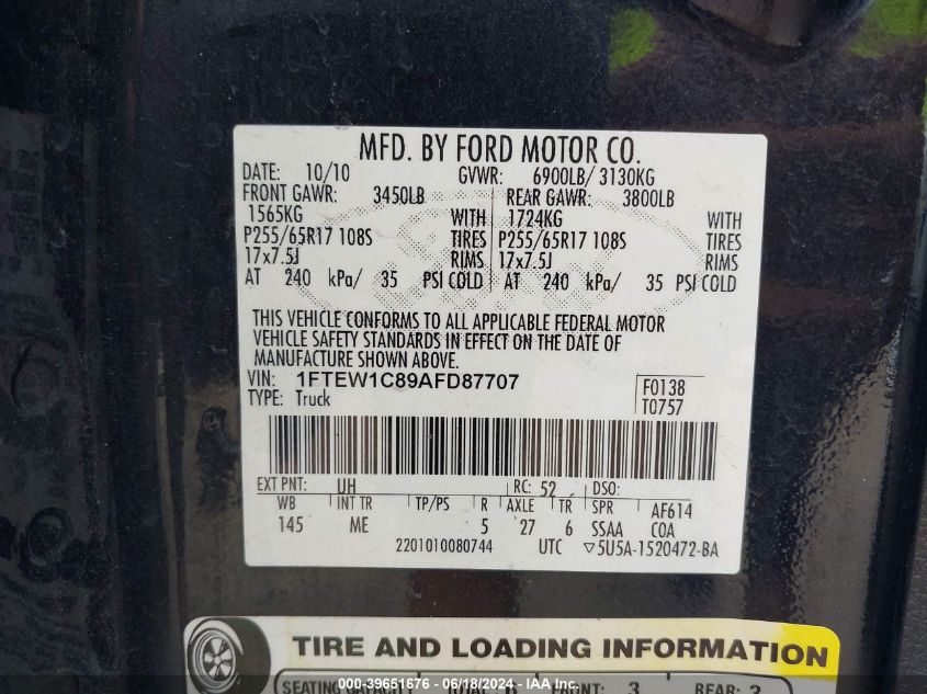 2010 Ford F-150 Fx2 Sport/Xl/Xlt VIN: 1FTEW1C89AFD87707 Lot: 39651676