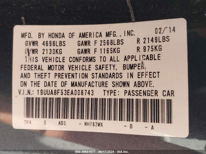 2014 Acura Tl 3.5 VIN: 19UUA8F53EA008743 Lot: 39651677