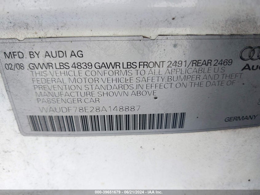 2008 Audi A4 2.0T/2.0T Special Edition VIN: WAUDF78E28A148887 Lot: 39651679