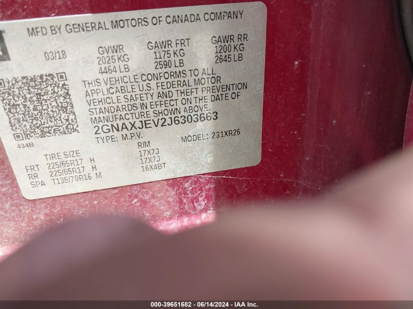2018 Chevrolet Equinox Lt VIN: 2GNAXJEV2J6303663 Lot: 39651682