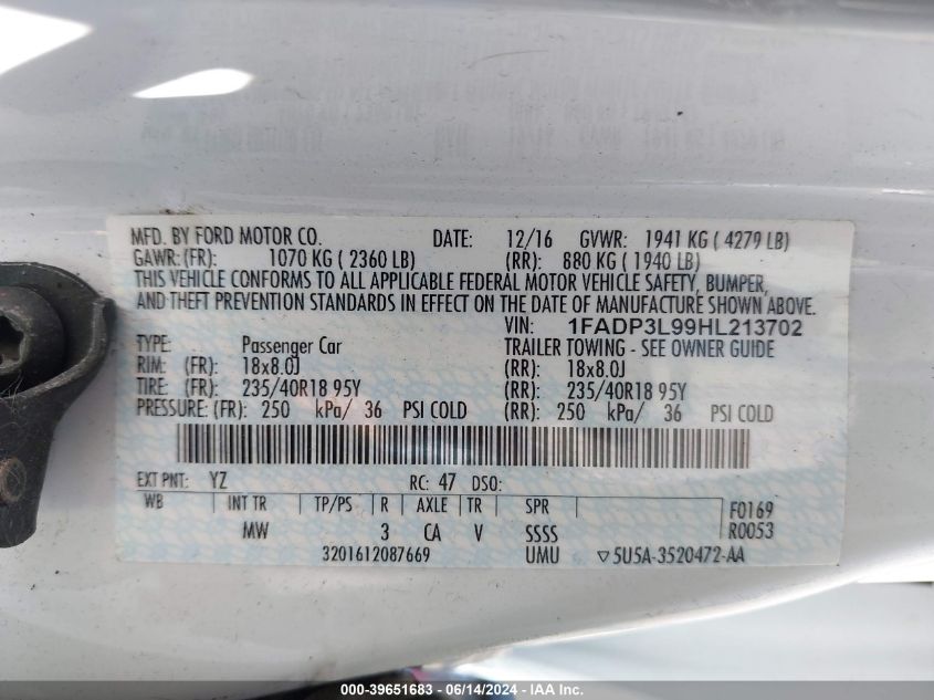 2017 Ford Focus St VIN: 1FADP3L99HL213702 Lot: 39651683