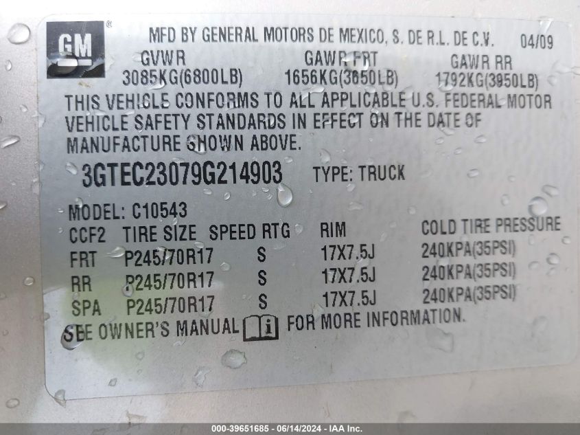 2009 GMC Sierra 1500 Sle VIN: 3GTEC23079G214903 Lot: 39651685