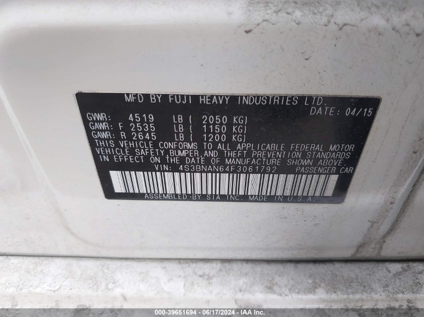 2015 Subaru Legacy 2.5I Limited VIN: 4S3BNAN64F3061792 Lot: 39651694