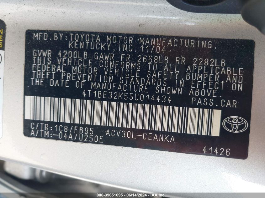 2005 Toyota Camry Le VIN: 4T1BE32K55U014434 Lot: 39651695