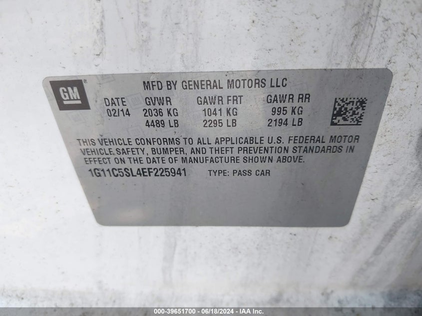 2014 Chevrolet Malibu 1Lt VIN: 1G11C5SL4EF225941 Lot: 39651700