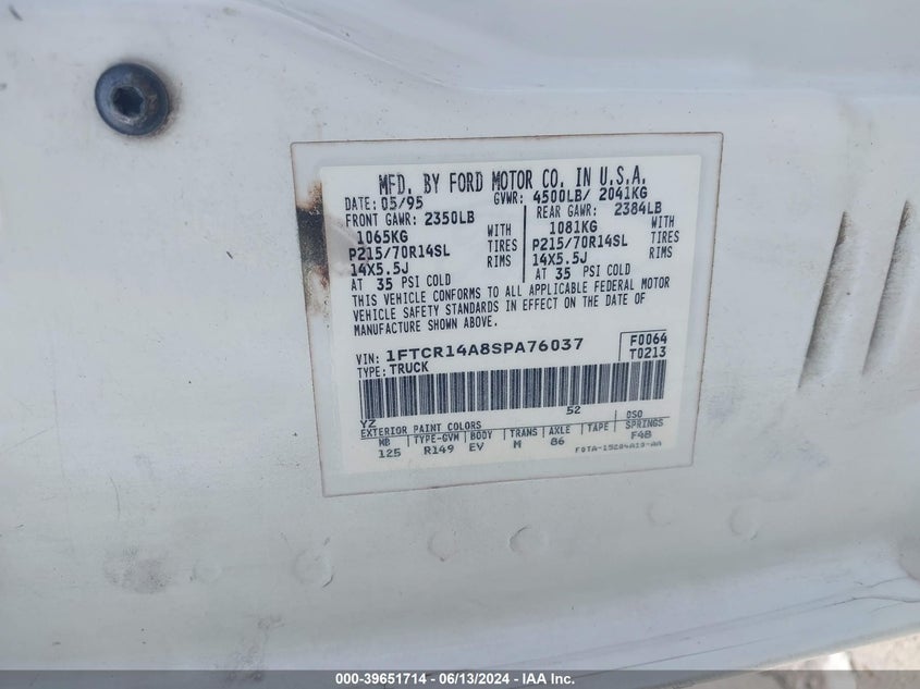 1995 Ford Ranger Super Cab VIN: 1FTCR14A8SPA76037 Lot: 39651714